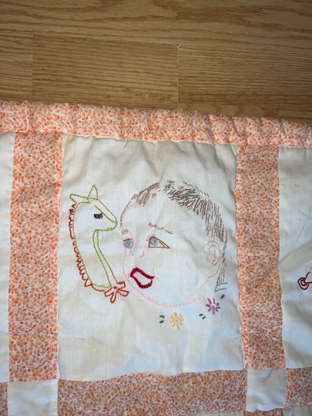 Vintage Handmade Baby Quilt Embroidered Baby Faces Orange Floral Border Unique - Picture 3 of 15
